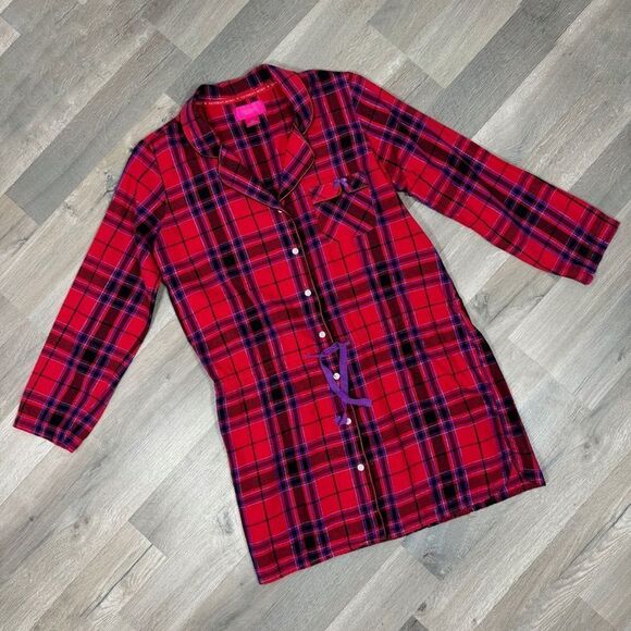 Victoria’s Secret Plaid Flannel Cinch Waist Sleep Nightshirt Red Pink Medium - Picture 13 of 13